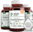 Natural Nutra Suplemento de extracto de cranberry orgánico, axuda a previr o ailamento urinario, promove a saúde ósea, axuda a manter a saúde cardíaca, mellorar a dixestión, promover a saúde da pel, 30 tabletas, un mes de subministración