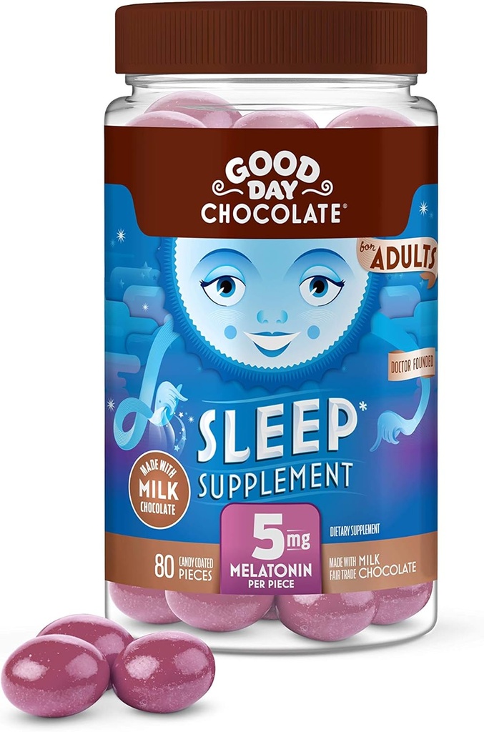 Melatonina de Chocolate de Buen Día para Adultos [ 80 Conteo ] - Comercio Justo Chocolate de leche no GMO con manzanilla y melatonina 5 mg - Melatonina de Adulto, Suplemento de Ayuda Natural del Sueño