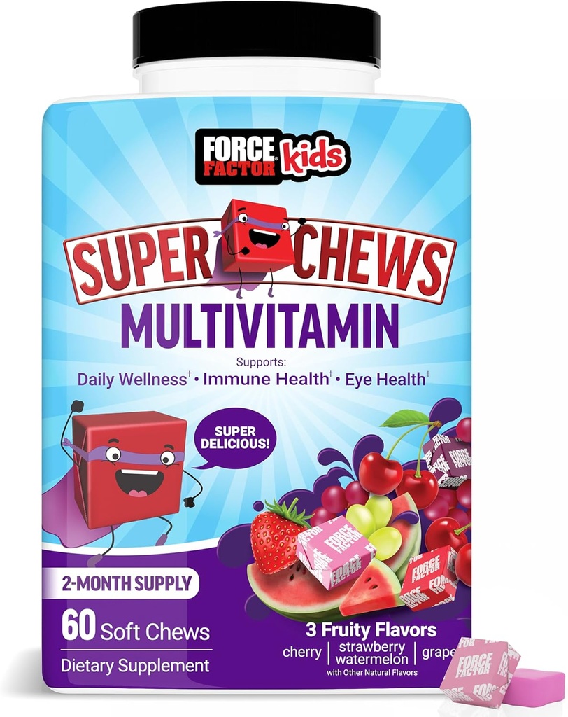 Force Factor Lapset Multivitamiini Super Chews, Lapset Vitamiinit tukemaan hyvinvointia, Immuuniter Health, Silmänterveys, & enemmän 18 vitamiinit, Minerals, & Antioksidantteja, 2-kuukautinen tarjonta, Multi-Flavor, 60 pehmeät purukumia