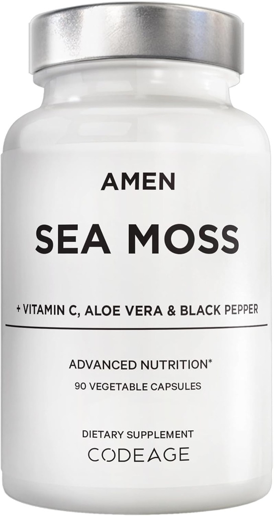 Suplemento de Amen Sea Moss - 1000mg Organic Irish Sea Moss, Bladderwrack, Burdock - Vitamina C, Aloe Vera, Black Pepper - Seaweed Superfood, Vitaminas, Minerais e Antioxidantes - Non-GMO - 90 cápsulas
