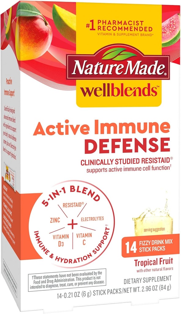 Nature Made Wellblends Active Ammune Defense Mind, Resistaid, Vitamin C 500mg, Vitamin D 1000 IU, Zinc, dan Electrolites Powder, 14 Stick Packs