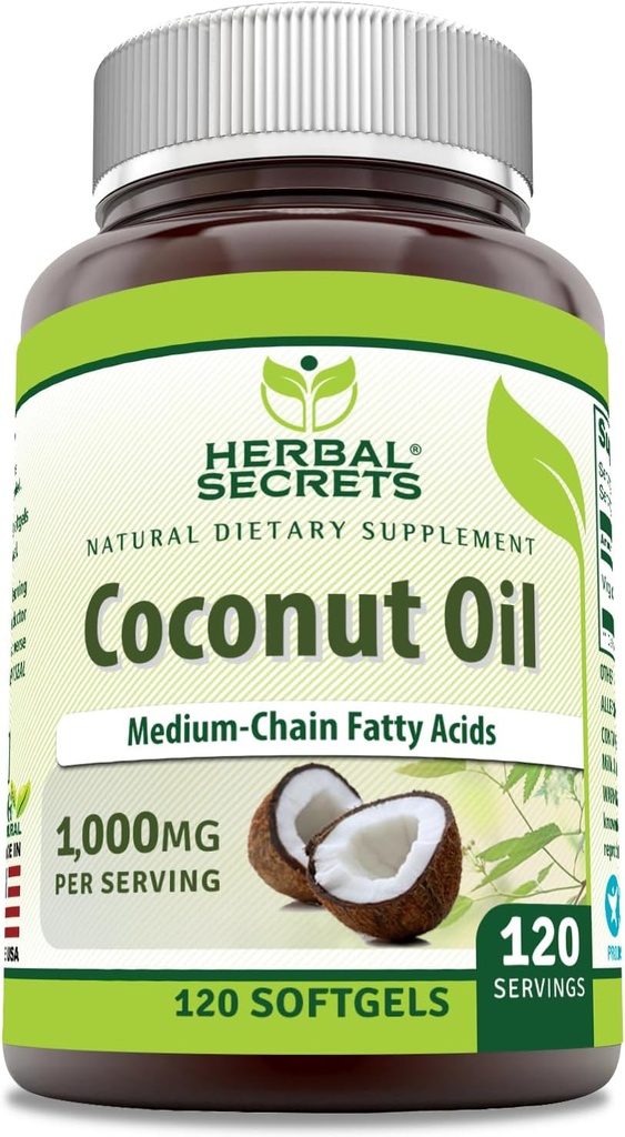 Herbal Secrets Coconut Oil 1000 Mg 120 Softgels supplement - Non-GMO - Gluten Free | Made in USA
