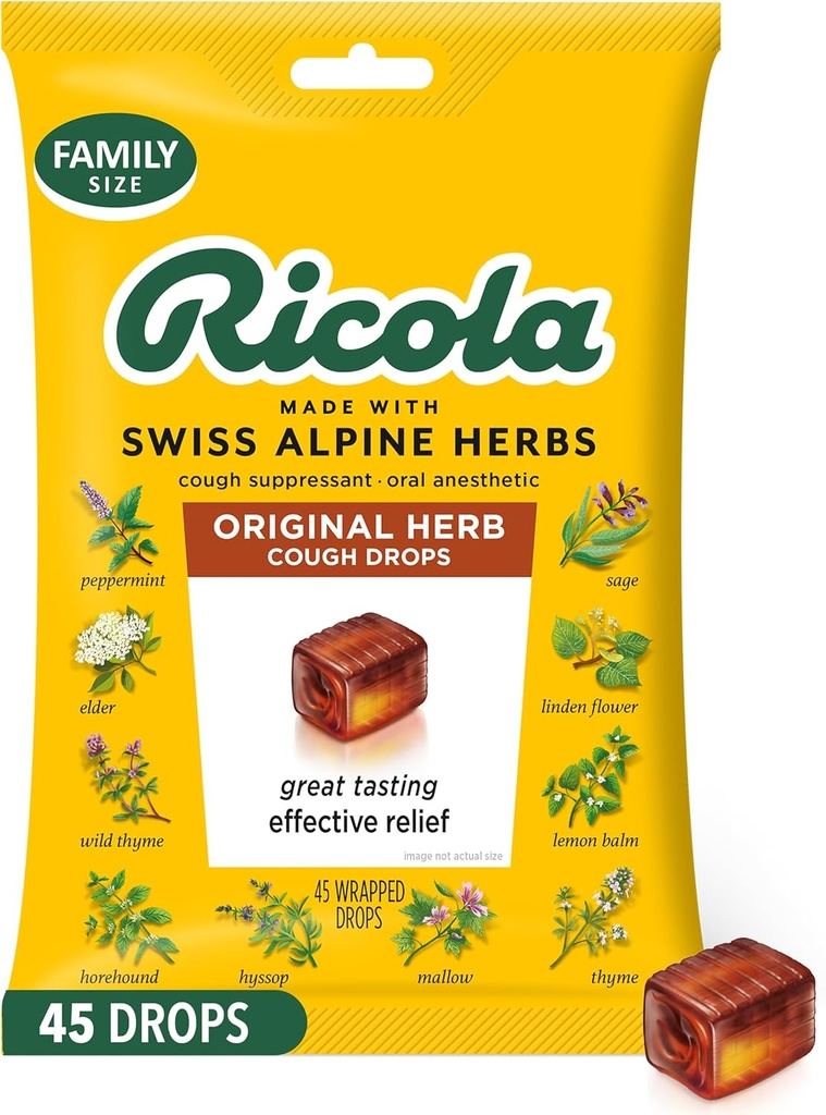 Ricola Original Herb Cough Drops, 45 Count, Cough Suppressant & Throat Relieving Drops with Naturally Sourced Menthol, Pleasing Herbal Taste for Coughs & Throat Irritation Symptom Relief