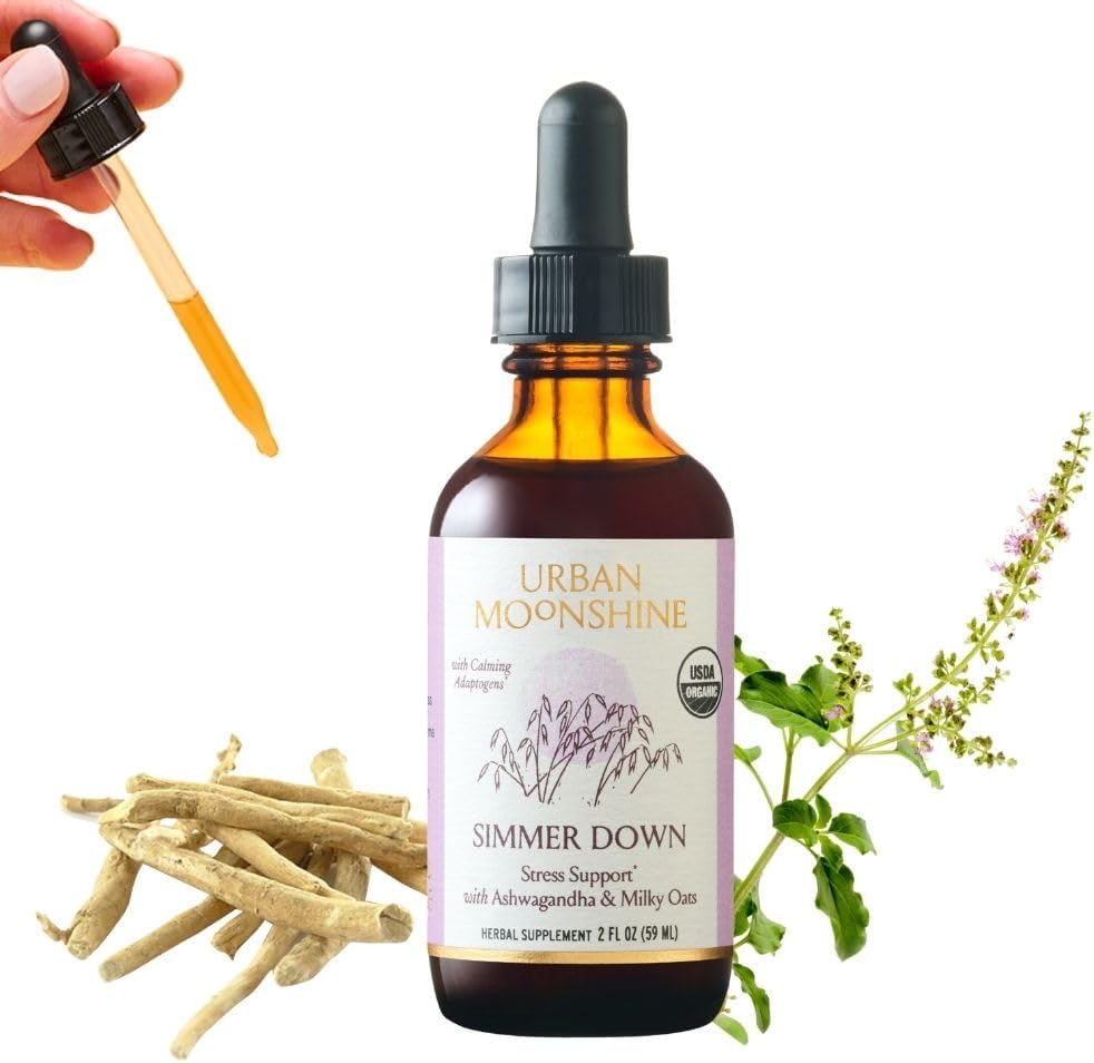 Urban Moonshine Simmer Down Tonic - Stress Support* with Ashwagandha & Milky Oats - Soothes Nervousness & Irritability* - Promotes Mellow Mood* - Gluten Free Herbal Supplement - 2 Fl Oz