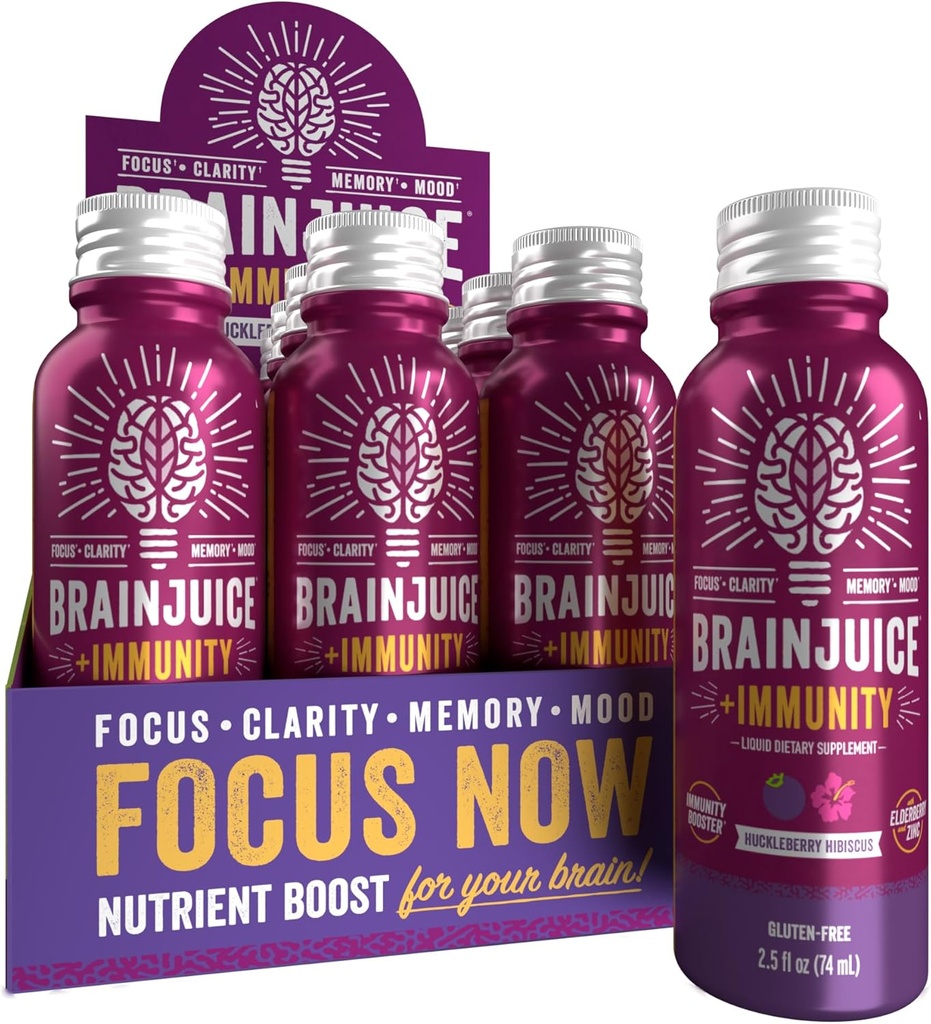 BrainJuice Brain and Immune Support Shot, Gluten Free Supplement Shots for Energy, Focus, Immunity with ויטמין D, C B, Alpha GPC & אורגני ג'ינג 'שורש, Huckleberry Hibiscus, 2.5 fl oz, 12 Pack Pack