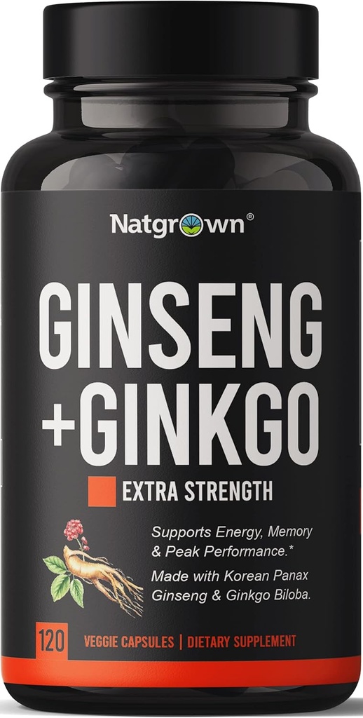 Natgrow Panax Ginseng & Ginkgo Biloba Supplement - Czerwony Koreański Ginseng & Ginko Biloba Kapsułki dla mężczyzn i kobiet - Obsługa pamięci Focus & Brain Function - Vegan Pills - 120 Count