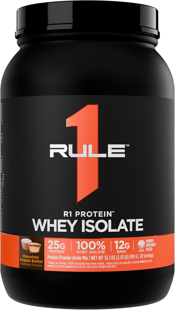 Regra 1 R1 Protein Whey Isolate - com 25g de proteína e 6g BCAA Exclusivamente a partir de fontes isoladas e hidrolisadas para recuperação de exercícios (2 libras*, manteiga de amendoim de chocolate)