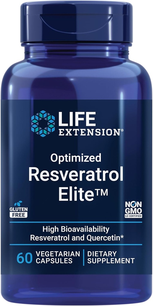 Life Extension Optimized Resveratrol Elite, Trans-resveratrol, quercetin, Healthy Aging, Heart Health, Brain Health, oxidative Stress, Gluten-Free, Non-GMO, Vegetarian, 60 Capsules