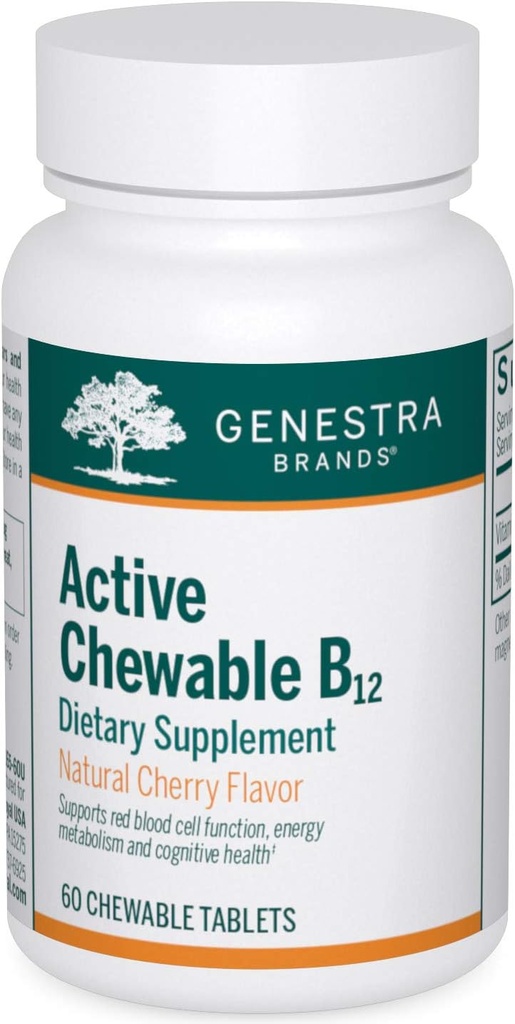 Genestra Brands Active Chewable B12 ® 124; Chewable Vitaminas B12 Tablets Bendrijoje 124; 60 Chewable Tablets Bendrijoje 124; Natūralus vyšnių aromatas