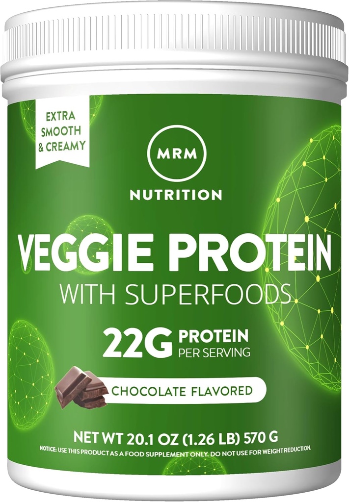 MRM Nutrition Veggie Protein Superfoods A124; Chocolate Flavoled - 124; 22g Complete Protein - 124; Over 8.8 g Essential Amino acids - 124; 13 superfoods - 124; with Omega 3 s and Omega6s - 124; Keto Friendly - 124; 30 Servings