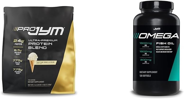 JYM Supplement Science PRO JYM 45 Servers - Tahitian Vanilla Bean & mg, High Potency Omega 3, EPA, DHA, DPA for Brain, Heart, & Joint Support 120 Soft Gels