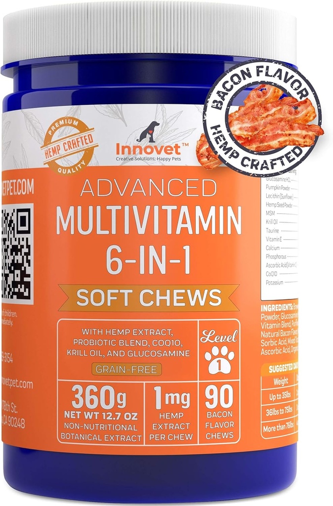 Innovet Pet Advanced Dog Multivitamin Supplements - Προβιοτικά, ασβέστιο, κάνναβη Σπόροι σκόνης και γλυκοζαμίνης για σκύλους - Ωμέγα 3-6-9 Συμπληρώματα - Βιταμίνες Συμπληρώματα για το άγχος του σκύλου ανακούφιση - Μπέικον Γεύση