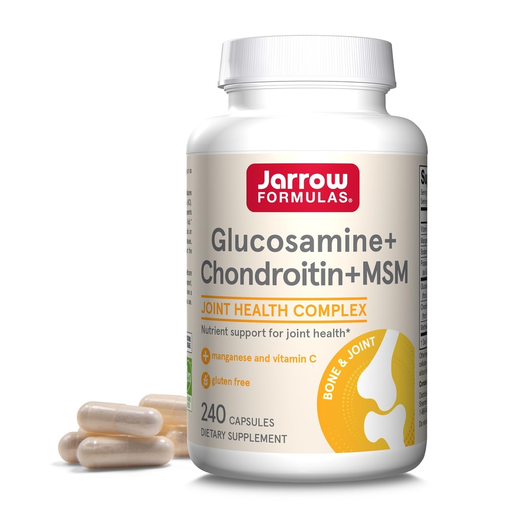 Jarrow Formulas Glucosamine, Chondroitin, and MSM Capsules; Joint Support Supplement with Vitamin C and Manganese, Bone & Joint Health, 240 Capsules, 60 Day Supply