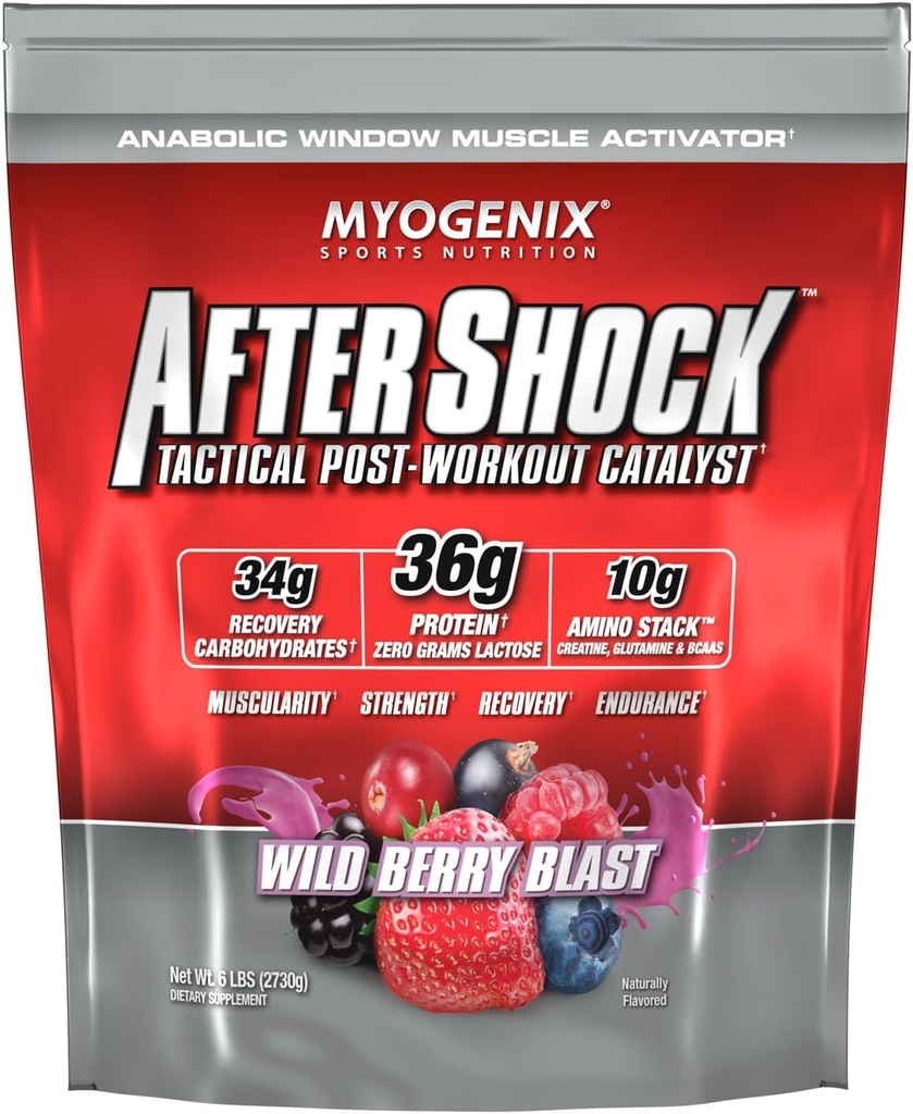 Myogenix Aftershock Post 운동 - 근육 성장 Whey Protein Powder - 근육 성장과 회복 속도 - 관절 건강과 Replenishes Glycogen - Wildberry Blast, 6 파운드 지원