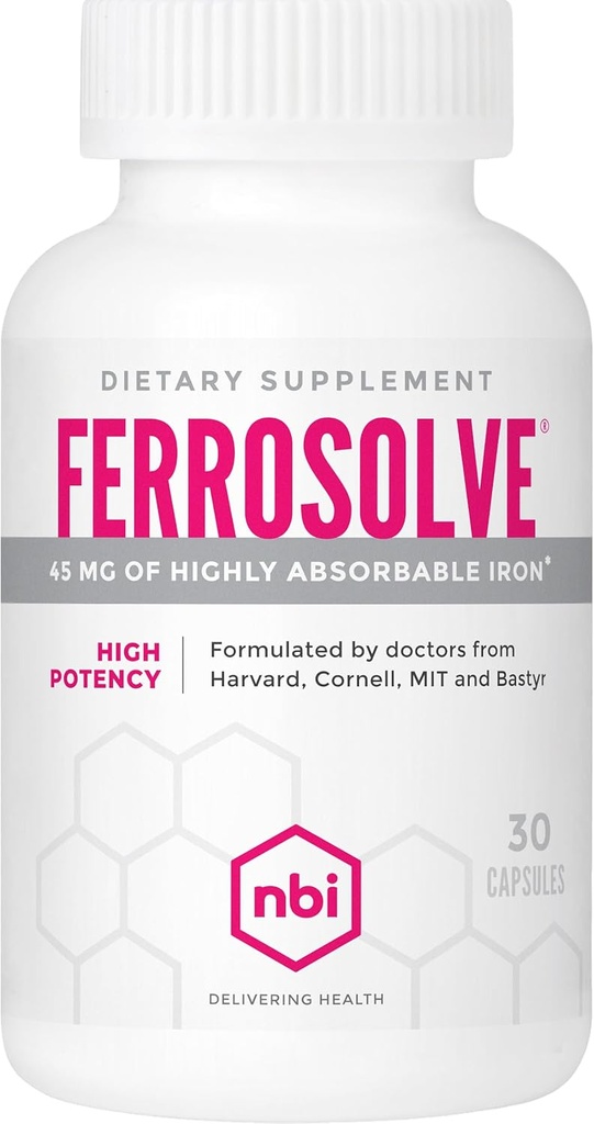 NBI FerroSolve, Best Absorption Iron Supplement 45 mg | High Potency | GI Safe | 30ct Veggie Capsules