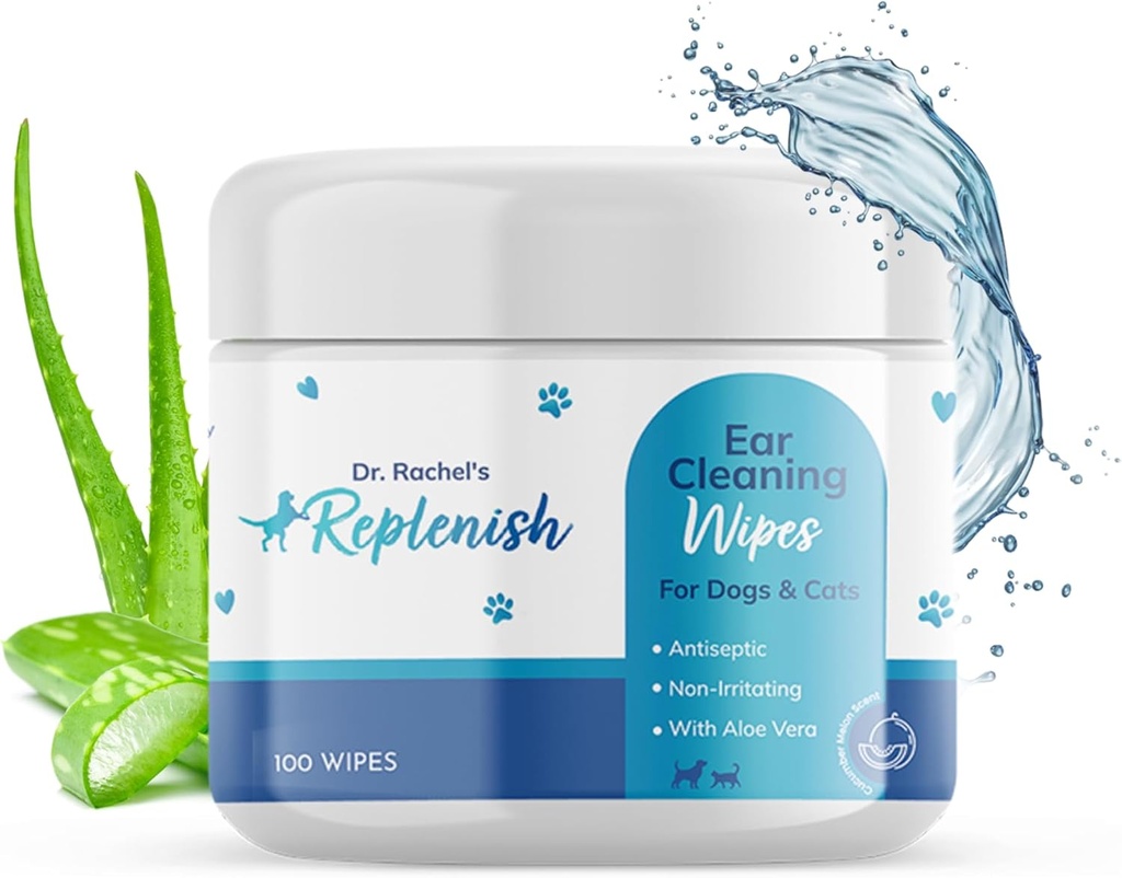 Replenish Cat and Dog Ear Cleaning Wipes - Gentle Mediated Ear Wipes for Dogs - Cucumber Melon Scent - Dog Ear Cleaner & Cat Ear Wipes for Cleaning, Soothing, and Deodorizing Itchy Ears - 100 Count