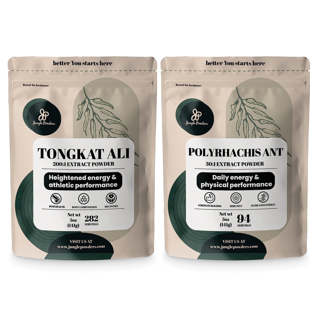 Jungle Powders Tongkat Ali for Men 200:1 Extract 282 Servings, Black Ant Powder 30:1 94 Servings 5oz of Filler Free Longjack Root & Black Ant Supplement Traditional Mens Health Support for Drive