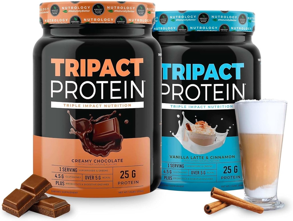 Nutrology TRIPACT Proteína - Nutrición Premium Shake - Proteína Whey non GMO Grass Fed Whey, Proteínas Plant, Greens, Superfoods & Probiotics - 5g BCAAs - Chocolate Creamy & VanillaLatte w/Cinnamon 1.5lb Cada un