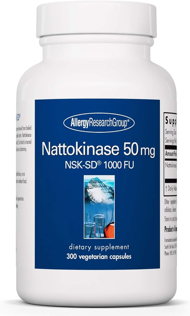 Allergy Research Group Natokinase 50mg Supplement - NSK- SD 1000 FU, Cardiovaskulær Support, Circulatory Health, Vegetariske Kapsler - 300 Count