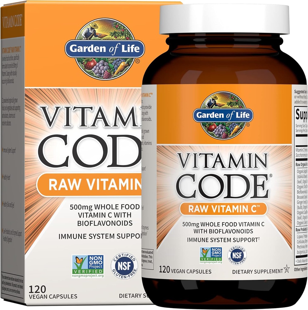 Garden of Life Vitamin Code Raw Vitamin C - 120 Capsules, 500mg Whole Food Vitamin C Capsules + Fruit & Veggie Blend &amp; Probiotics, Suplementos para Adultos, Vegan, Gluten Free