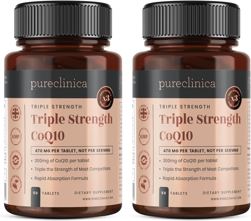 Pureclinica Fermented CoQ10 300mg x 180 Tablets (2 botellas de 90 tabletas) - 6 meses de subministración. Non GMO, USP Grade. con extracto de vitamina C & Black Pepper para absorción.