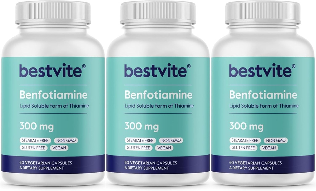 Benfotiamina 300mg (180 Kapsułek wegetariańskich) (60x3) Brak stearynianów - No Silicon Dixide - Vegan - Non GMO - Gluten Free