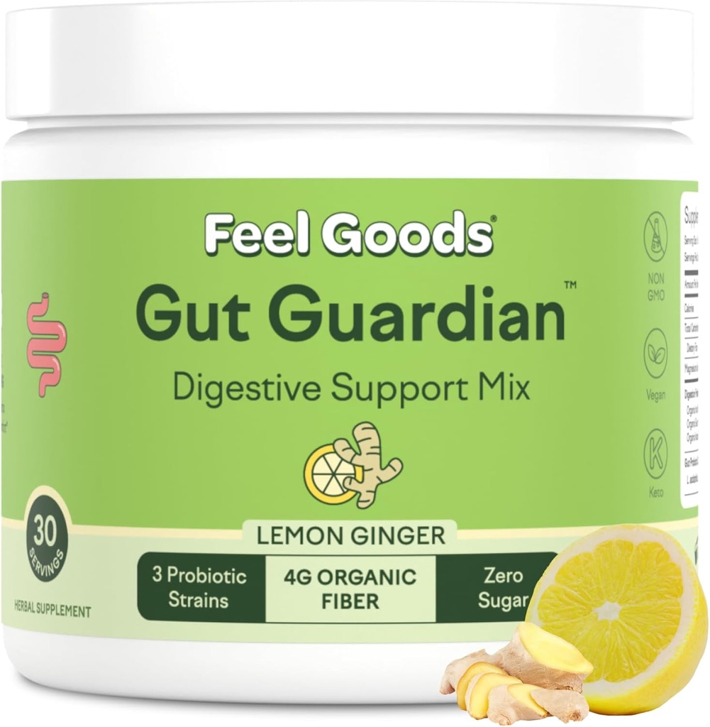 Bés Gut Guardian, Orgueic Fiber, Probiotic i Prebiotic Power, Sugar Free, Herbs per Bloat, Implementació de Gut Salut, Salut prodigiva per a homes i dones, no GMO, Vegan, Llimona, 30 Servings