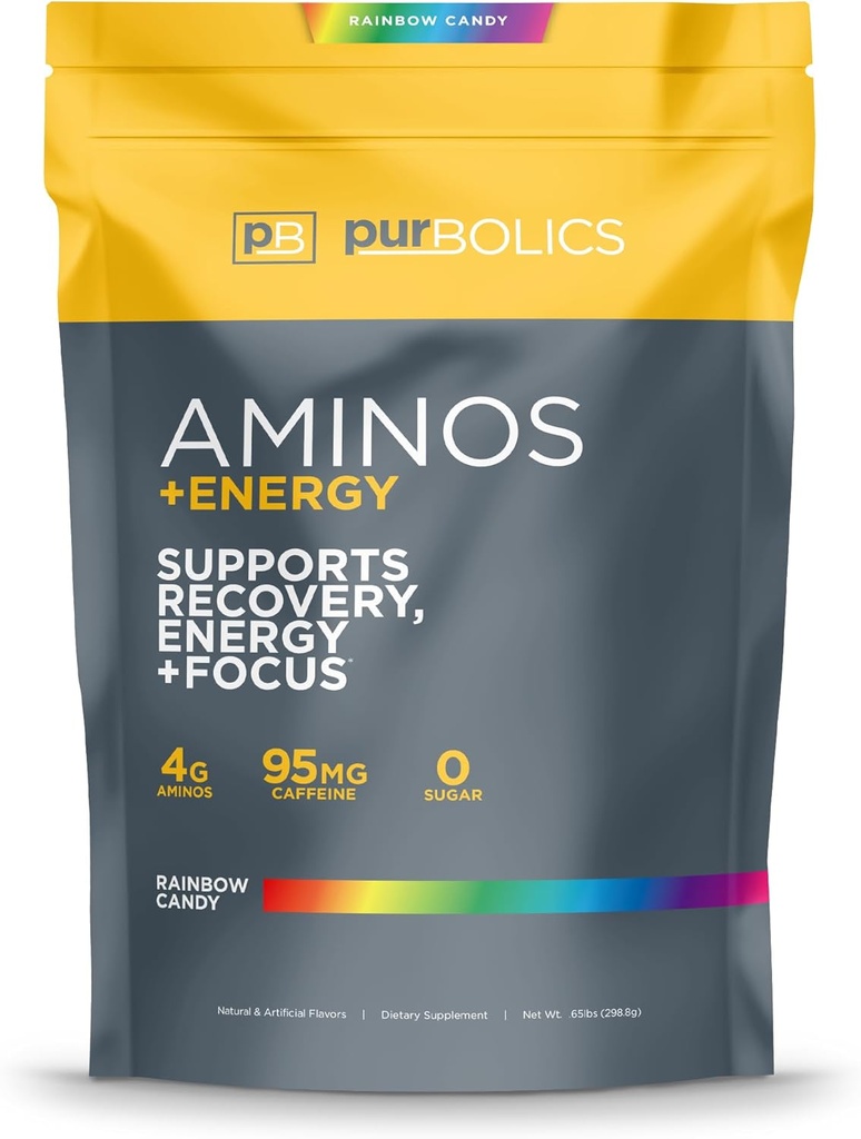 Purbólicos Aminós + Energia . Apoia Recuperação, Energia e Foco .. 95mg de cafeína, 0 Açúcar & 60 Servings (Rainbow Candy)