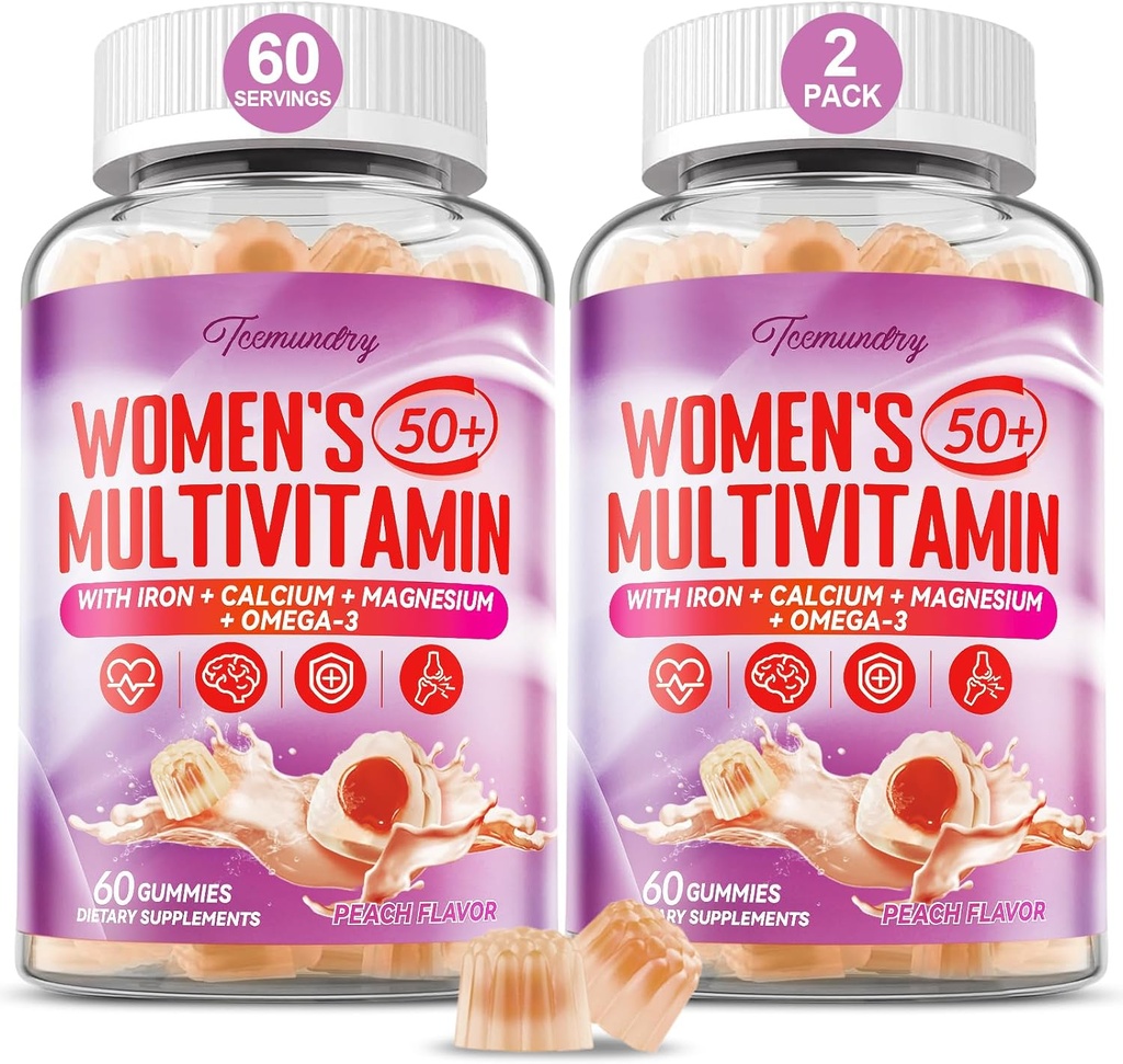 Multivitamīnu Gumijas sievietēm 50 Plus - ar Omega 3, Coenzyme Q10, dzelzs, kalcijs, cinks, vitamīns A, C, D3, E, K2, B Complex, Folāts - multi Vitamīni un minerālvielas enerģijai, skaistumam, bez cukura