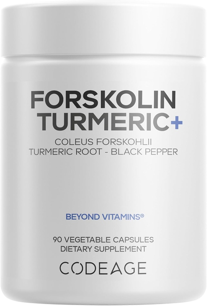 Codeage Forskolin, Pure Forskolin Coleus + Organic Turmeerinen juurijauhe, 95% Curcuminoidit + Bioperine Black Pepper - 20% Standardoitu Coleus Forskohlii täydennysosa - ei-GMO - 90 kapselia