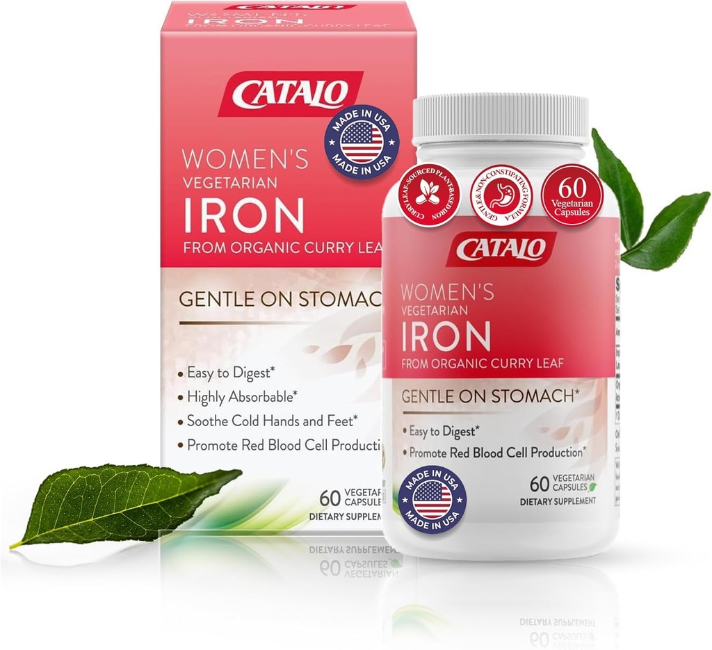 CATALO Iron Supplement for kvinner med organisk curry leaf - Gentle, høy absorpsjon, vegetarisk-vennlig, mage-leasy formel - 60 tabletter