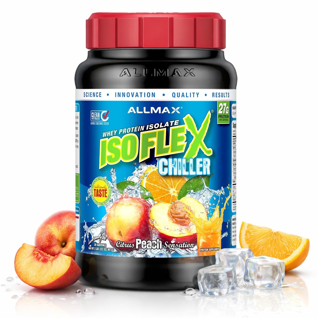 ALLMAX ISOFLEX Chiller Pure Whey Isolate Protein Powder – Gluten Free, Low Lactose, Sugar-Free – High-Protein, Clean, Keto-Friendly, Workout Supplement, Women and Men | Citrus Peach Sensation, 2lb