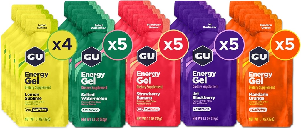 GU Energy Original Sports Nutrition Energy Gel, Vegan, Gluten-Free, Kosher, a Dairy-Free On-theGone Energy for any Workout, 24-Count, Souřazené ovocné příchutě