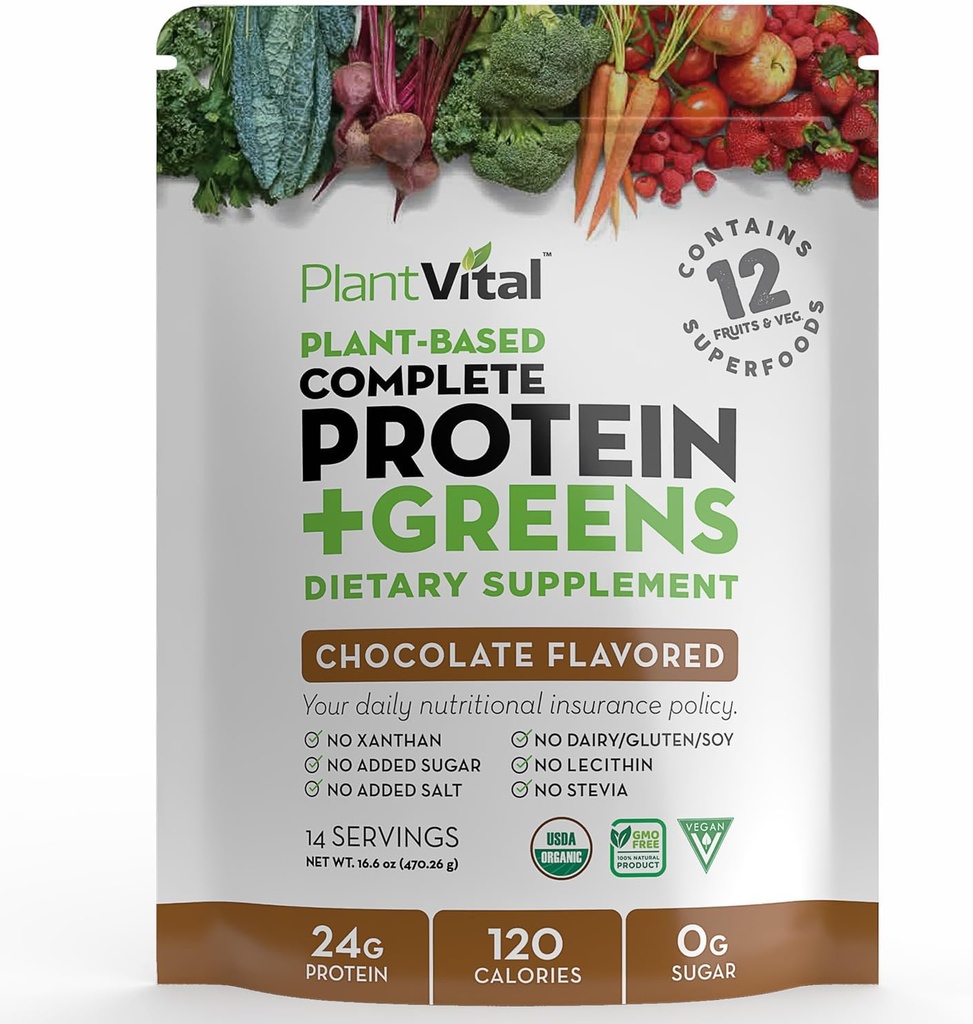 Plantvital Vegan Protein Powder Plant based, Organic Protein Powder Chocolate 24g/0g Sugar, 12 Superfoods, Veggies, Probiotics, Cocoa crudo, Kale, Beets, Spirulina, Pea, Gluten-Free, Keto-Friendly, 16oz