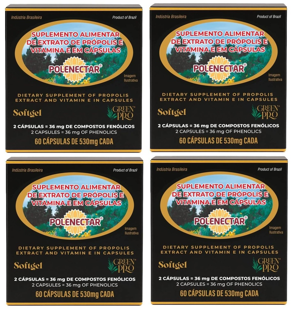 4 Boxes of Polenectar Brazil Green Bee Propolis 300 Milligram (60 Softgels)
