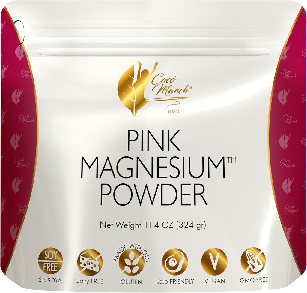 Cocó March N.M.D Pink Magnesium Powder - 促进睡眠,放松和健康脑功能,草莓火焰 - 免去:Gluten,乳制品,转基因生物,大豆,Vegan,Keto Friendly - 45天供应.