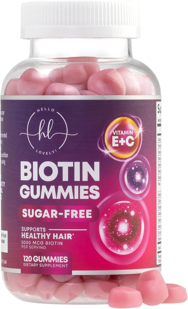 Hår Vitaminer Gummy med Biotin 5000 mcg - Hårvækst Support med Vitaminer E & C for Thicker, Stærkere & Smukke Hår - Hår Hud og negle Vitamin til kvinder, Non- GMO, Gluten Free - 120 Gummies
