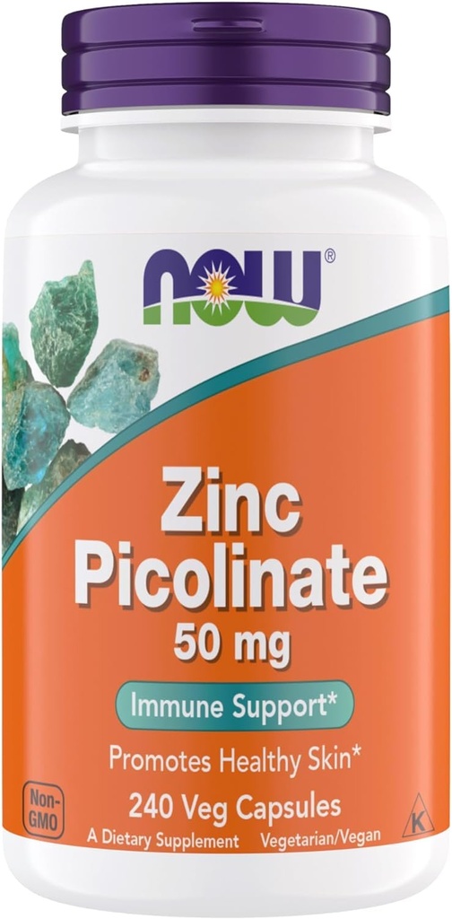 Now Supplements, Zinc Picolinate 50 mg, Supports Enzyme Functions, Immune Support, Non-GMO, Kosher, Suitable for Vegans - 240 Vegetarian Capsules (Pack of 1)