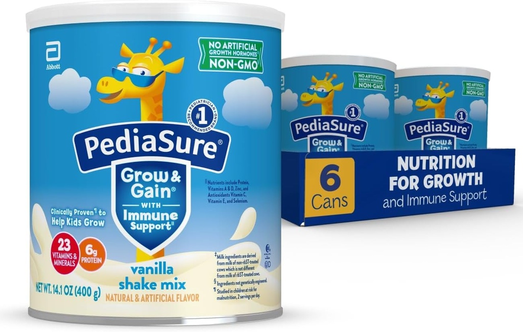 PediaSure Grow & Gai with Immune Support Shake Mix Powder, 23 维生素和矿物, 6g蛋白, Non-GMO, 无Gluten-Free, 儿童营养, 香草, 14.1 oz Can, 包6-48服务