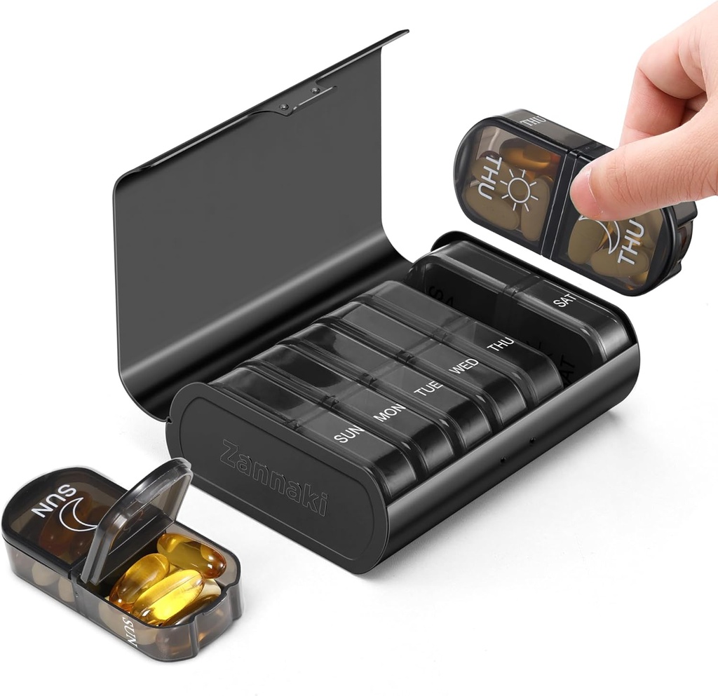Zannaki Metal XL Savaitės Pil Organizatorius 2 Times per dieną, Didelis Kelionės Dienos Pil Box 7 Diena, Nešiojamasis Savaitė Du kartus Pil Laikiklis Konteineris, AM PM Pill Case for Medicina Vitaminas Medikamentas papildymas, Juoda