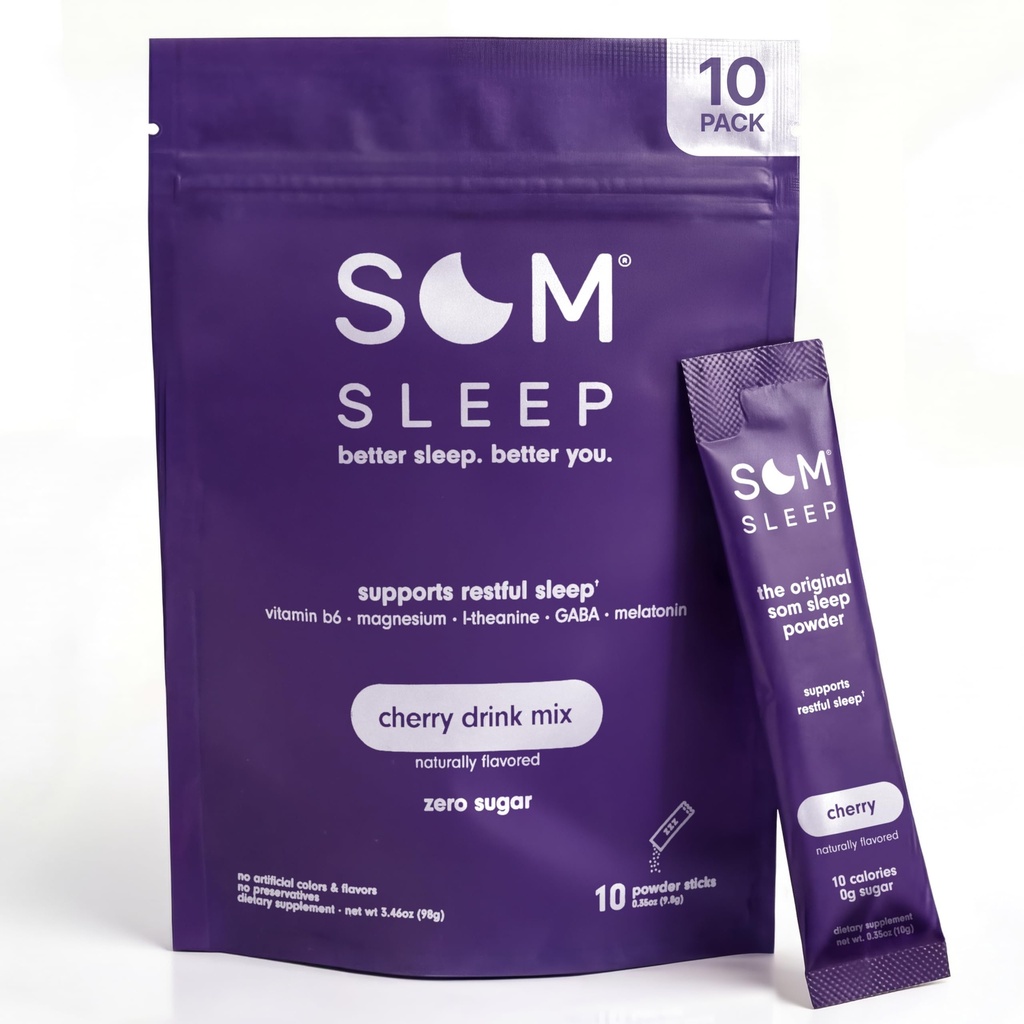 Som Sleep, Restful Sleep Powder Drink Mix w/Melatonin, Magnesium, Vitamin B6, L-Theanine & GABA – Vegan, Zero Sugar, Keto Friendly – Cherry, 10-Pack