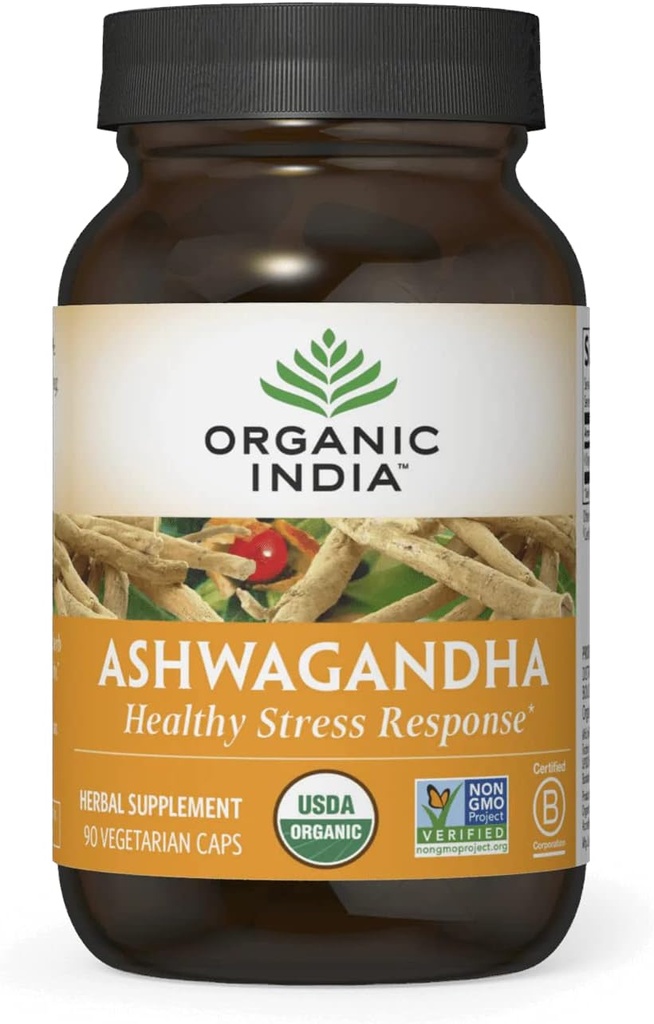 ORGANIC INDIA Ashwagandha Capsules - 有机Ashwagandha 补充剂 - Vegan Ashwagandha 根部、无胶囊、Kosher、非GMO、支持压力救济、能源和睡眠 - 90 Capsules