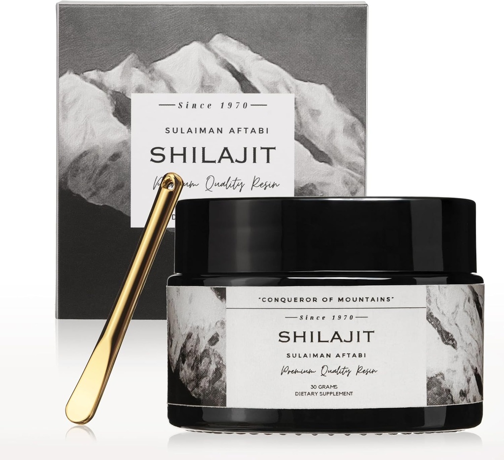Himalajan Aurinkokuivattu Shilajit ... Sulaiman Aftabi ... vuodesta 1970 lähtien... 100% 100% puhdasta kultaa...