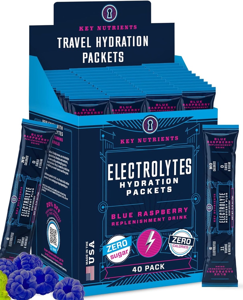 KEY NUTRIENTS Electrolytes miltelių pakuotės - Skanūs mėlyna aviečių 40 Pack Hydration pakuotės - Kelionių hidratacijos milteliai - No Sugar, No Calories, Gluten Free - Pagaminta JAV