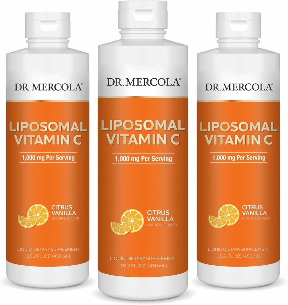 Tri. Mercola Liquid Liposomal Vitamiini C - Antioksidantti & Immuuni Support Supplement - Sisältää E-vitamiini - GMO-vapaa, Gluteeniton & soijaton - Citrus Vanilla Flavor - 450 ml (30 tarjoilua) - 3 pakkaus