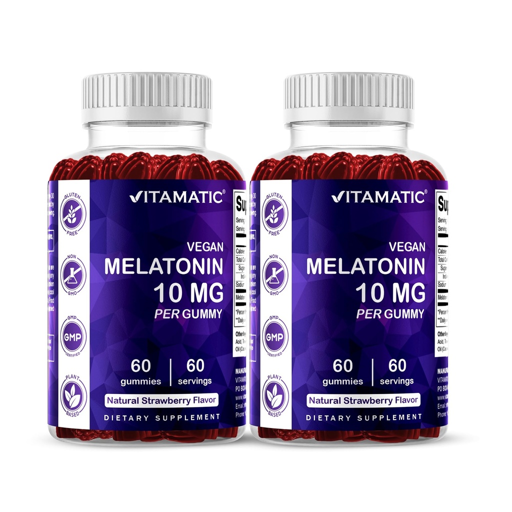 Vitamatic Melatonin 10 mg Vegetarian Gummies – Non-Habit Forming – 60 Gummies per Bottle – 2-Pack (Total 120 Vegan Gummies)