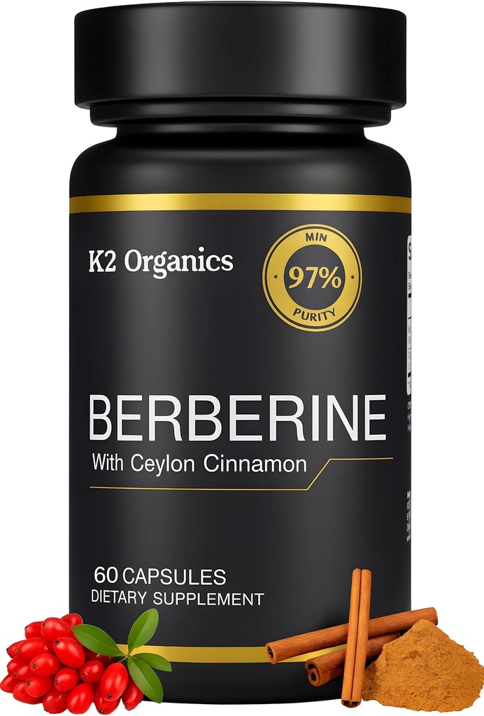 Ceylon Cinnamon 1200mg (60 캡슐)를 가진 Berberine – 97% 순수성 비 GMO, 글루텐 자유로운, 실험실 시험된 Vegan Berberine 보충교재
