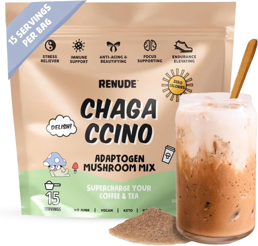 Renude Chagaccino - Chaga Mushroom Powder, Mushroom Coffee Drink Mix cu Adaptogens, Natural Energy and Immune Support, Vegan, Keto, Zero Calorie Mushroom Blend Powder - 15 Serviri