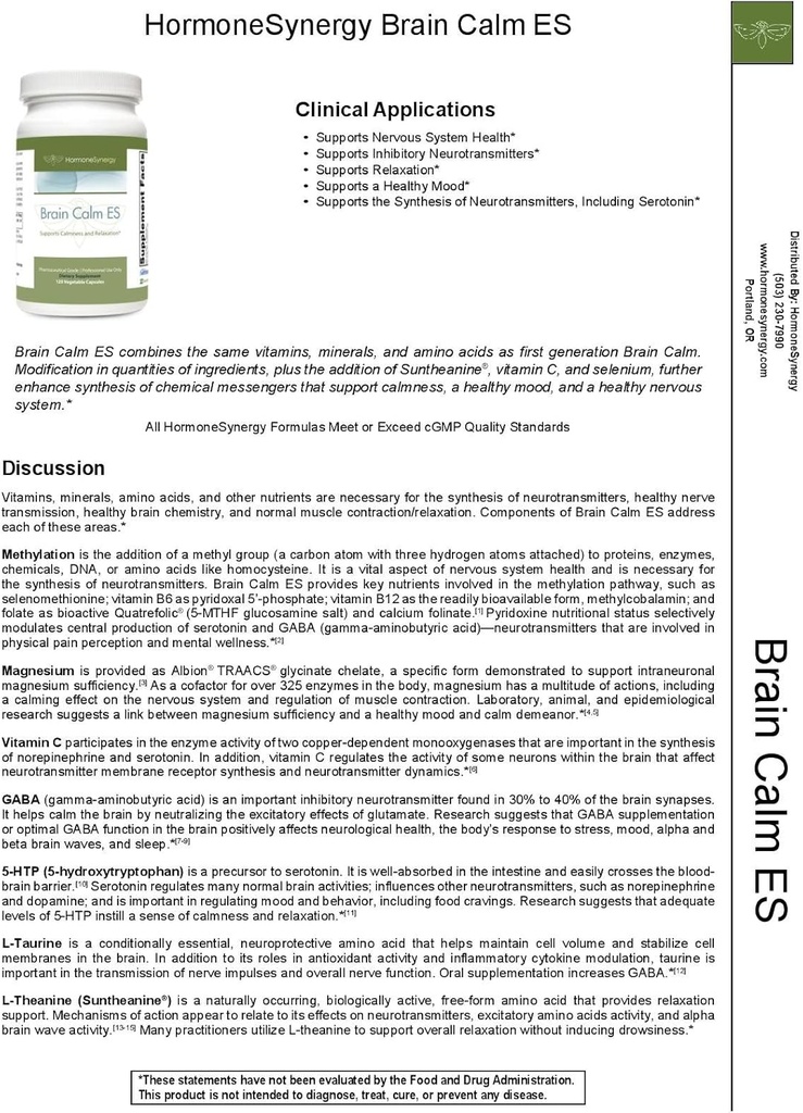 HormoonSynergy RetzlerRx® Brain Calm ES - Ultimate Support for Calmness & Lõõgastav - L-Theanine (Suntheanine®) - TRAACS® Albion® Chelated Minerals - GABA - 5-HTP - L-Taurine - 120 V-Caps