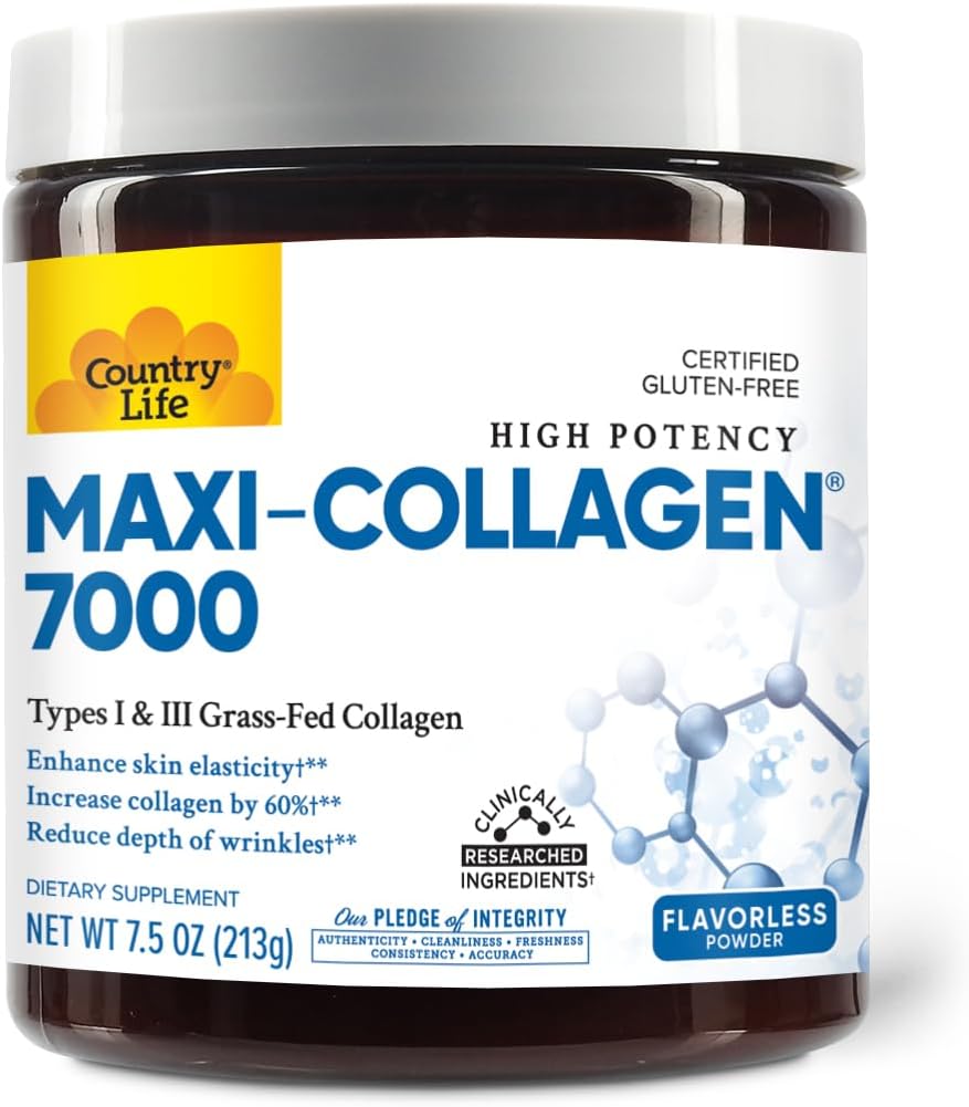 Country Life Maxi-Collagen 7000 Powder - Verisol Bioactive Collagen Peptides, Vitamin C, A & Biotin, 4,500 mg Types I & III Grass-Fed Collagen - Supports Skin, Hair, Nails & Joint Health, 7.5 oz